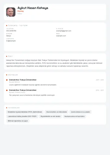 Biyolog CV Örnekleri cv indir
